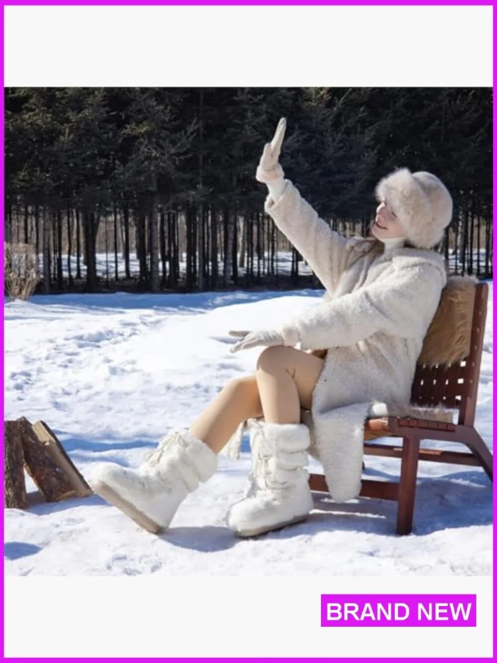 Faux Fur Snow Boots Mid-Calf Fluffy Furry Winter Warm Platform Lace-Up